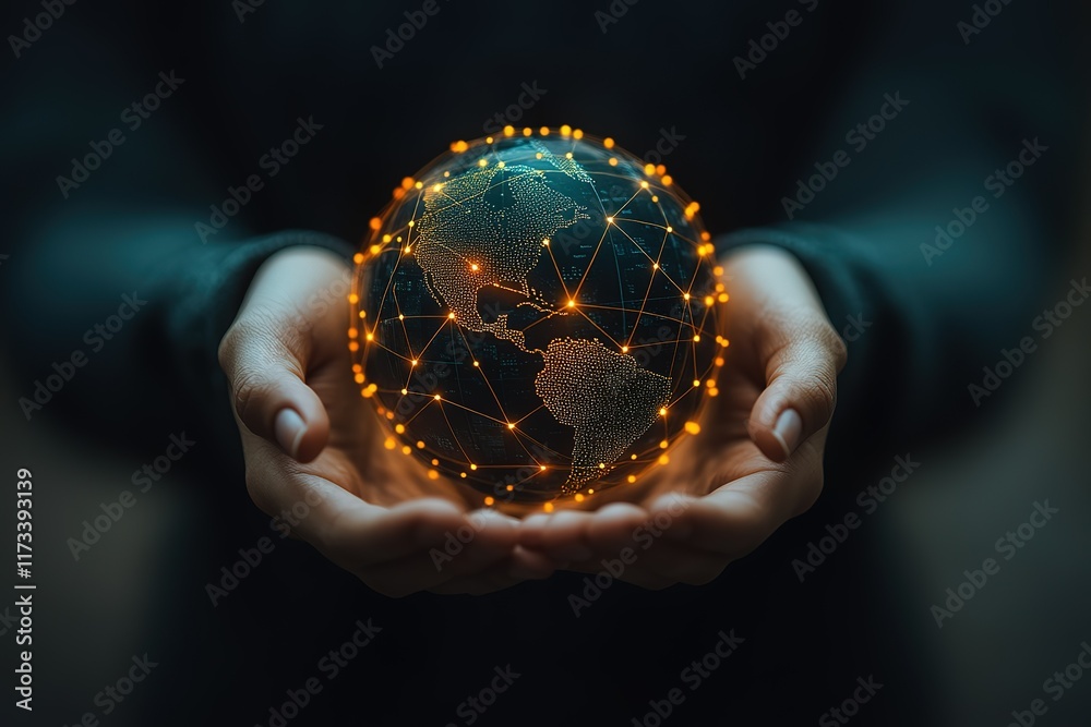 Wall mural global network connection in hands. a glowing digital world held gently, symbolizing interconnectedn