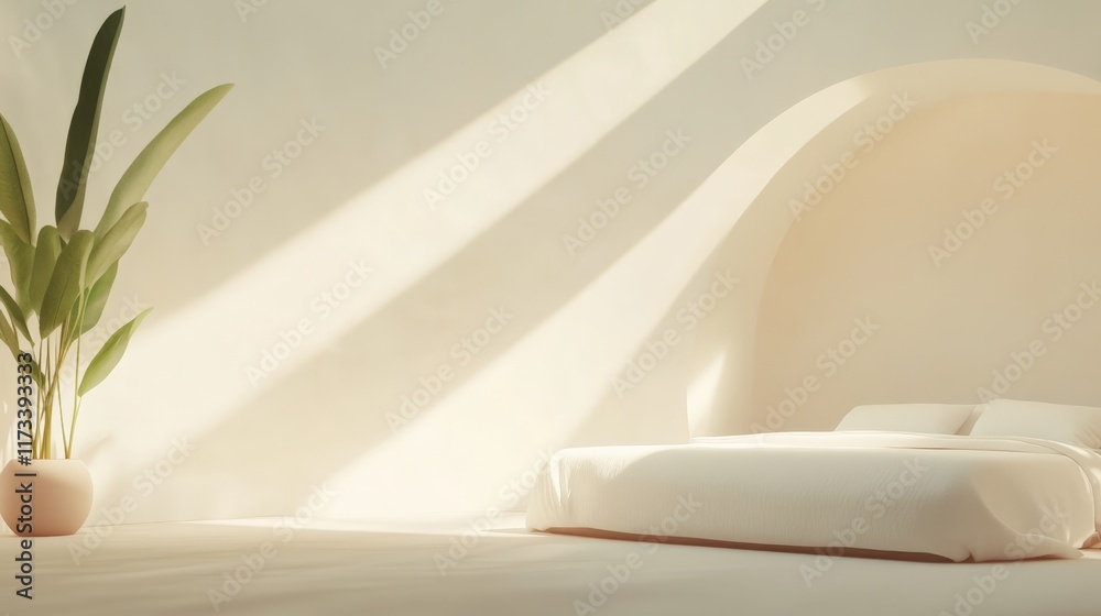 Poster warm sunlight streams into a minimalist hotel room, illuminating a comfortable bed and a potted plan