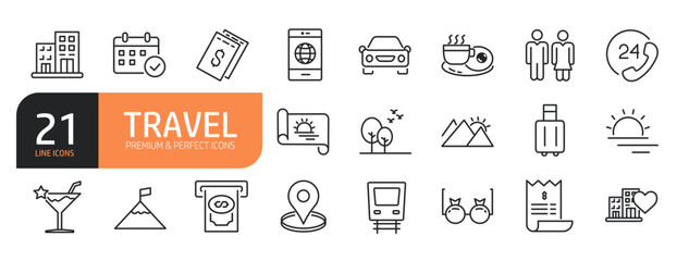 Set of line icons related to Travel, Summer vacations, Holiday, Tourism and more. Outline icons collection. Editable stroke. Vector illustration
