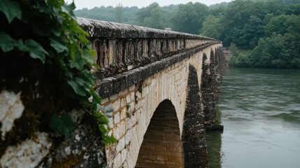 Fototapeta premium A historic stone bridge gracefully spans a tranquil river, embodying timeless elegance and natural harmony.