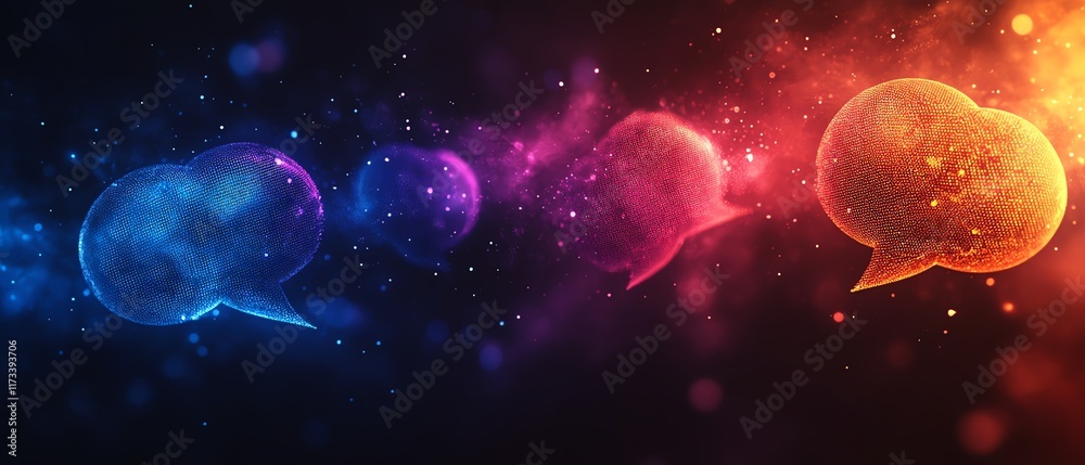 Poster speech bubbles linked by lines, communication networks visualized, blurred techinspired background, 