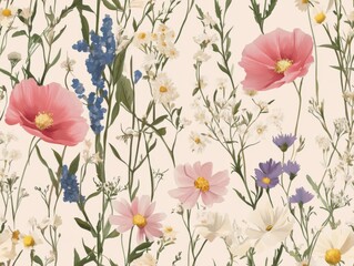 Obraz premium Colorful floral pattern featuring various wildflowers set against a soft background, perfect for spring and summer decoration
