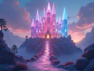 Pink and blue crystal castle glowing on mountain peak at sunset