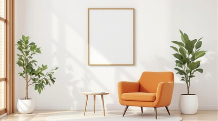 Realistic stock photo of a mockup picture frame on a white wall in a minimalist, bright interior, featuring an orange armchair, a sleek wooden small table, and a lush green houseplant by the side