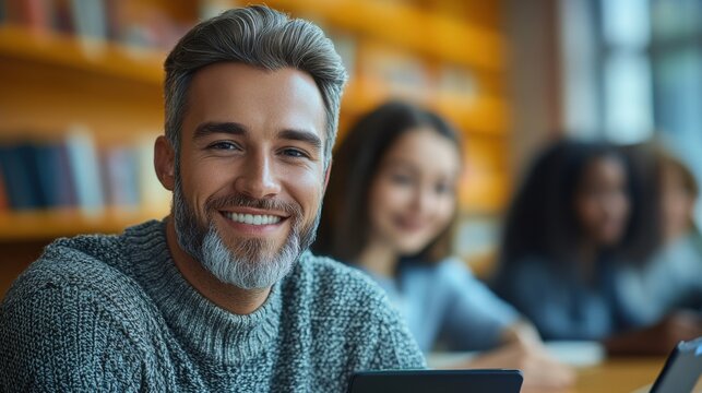 Smiling man in cozy sweater works on tablet with students in library setting during afternoon study session
