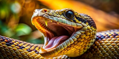 Fototapeta premium Minimalist Close-up: Coiled Snake with Fangs, Detailed Scales