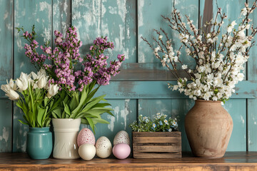 Easter decorations with flowers and colored eggs on wooden shelf