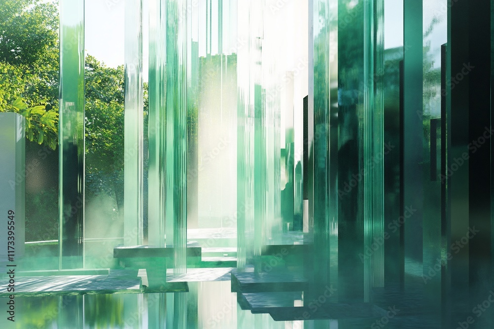 Poster modern glass structure with green tint, reflecting light and trees.