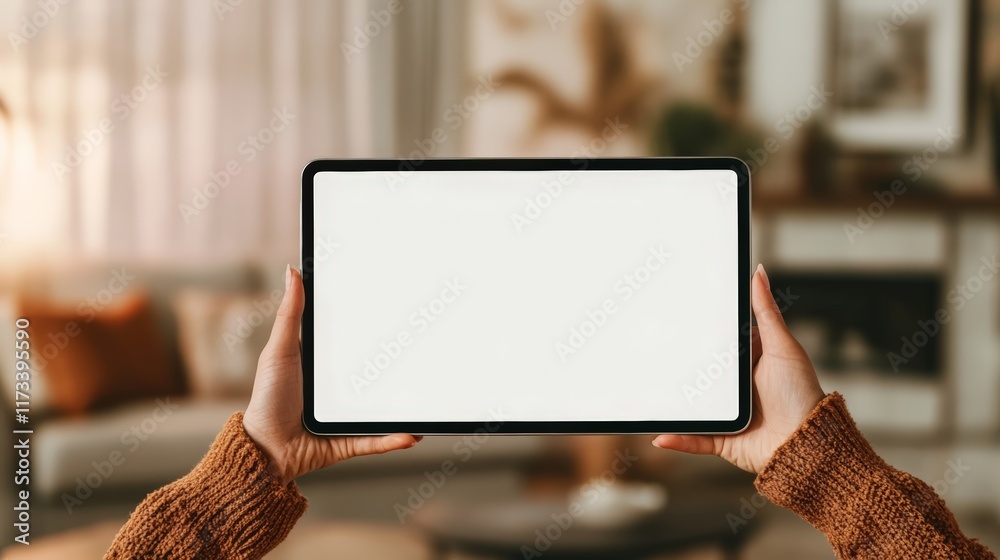 Poster woman holding digital tablet with blank white screen showing copy space for app or website design in