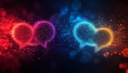 Obraz premium Speech bubbles with connecting lines, communication network on blurred tech background, dynamic digital visualization, modern techinspired design, futuristic connections