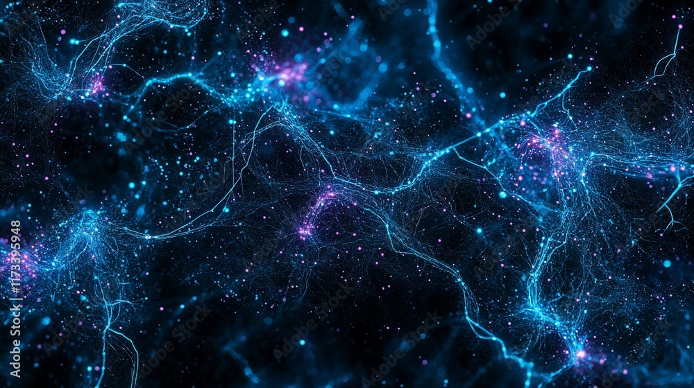 Poster abstract blue and purple energy field with glowing particles and lines.
