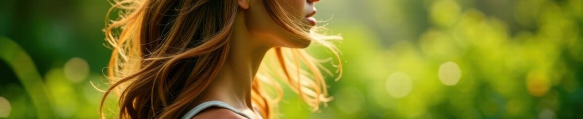 Naklejka premium Close-up of hair gently rustling in the wind amidst lush greenery, nature, rustle, green landscape