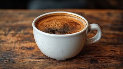 Freshly brewed coffee served in a ceramic cup on a rustic wooden table during a cozy morning atmosphere
