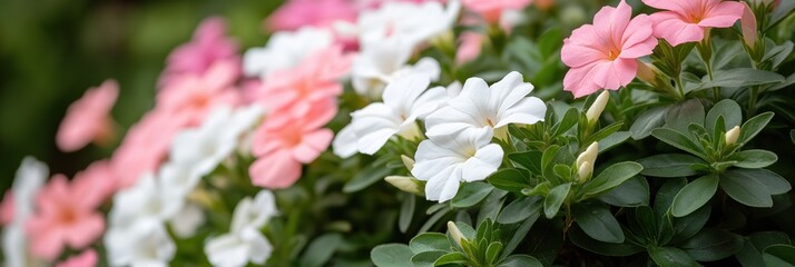 Naklejka premium A bunch of pink and white flowers are in a garden. The flowers are in full bloom and are arranged in a way that creates a sense of harmony and balance. The colors of the flowers complement each other