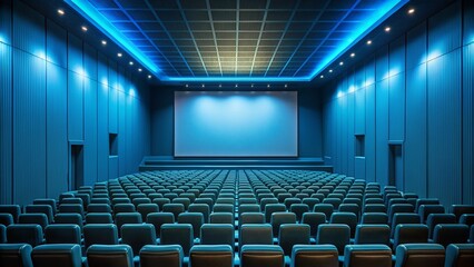 Minimalist Empty Cinema: Blue Seats, Open Screen, Cinematic Background