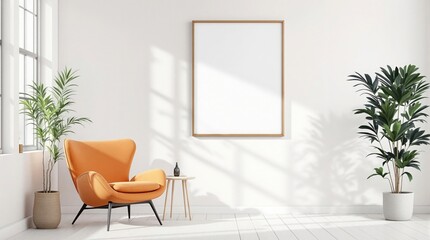 Realistic stock photo of a mockup picture frame on a white wall in a minimalist, bright interior, featuring an orange armchair, a sleek wooden small table, and a lush green houseplant by the side