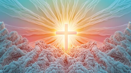Glowing Pastel Cross Surrounded by Ethereal Light and Soft Waves, Symbolizing Ash Wednesday and Spiritual Renewal in a Dreamlike Landscape