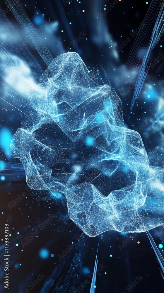 Poster explore a captivating abstract data cloud space that illuminates with dynamic light patterns, perfec