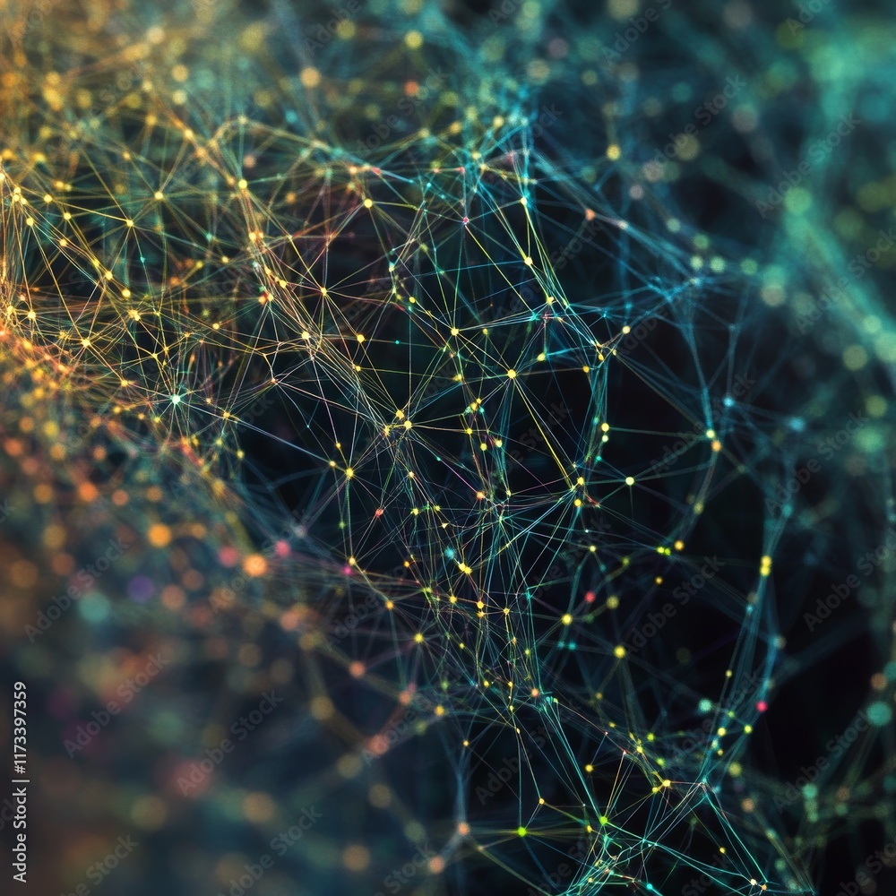 Poster explore an intricate abstract texture showcasing colorful interconnected lines and dots, creating a 