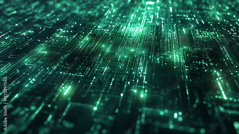 Poster abstract digital green circuit board glowing lines.