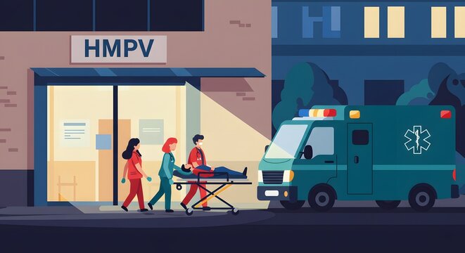 Ambulance arrival at HMPV specialized hospital with night emergency lighting and healthcare professionals transporting patient