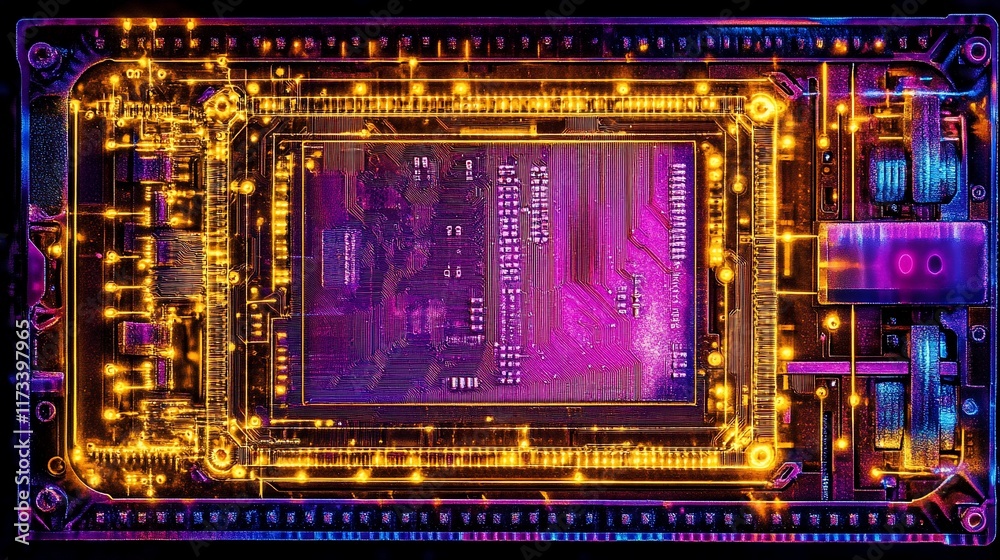 Poster Close-up of a microchip's intricate circuitry and internal components, glowing with vibrant colors.