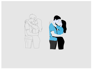 A premium vector showcasing a loving couple standing together as the man embraces his girlfriend. The image radiates warmth and affection, symbolizing love and connection. 