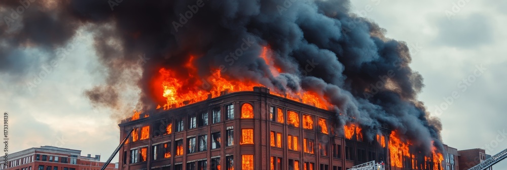 Poster intense flames and thick smoke engulf a burning building during a devastating fire disaster, highlig