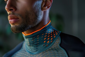 Fitness athlete showcasing athletic wear with innovative design and vibrant accents in a modern indoor training environment during evening hours