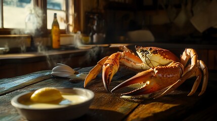 Cooked Crab on Rustic Wooden Tabletop Awaiting Dinner