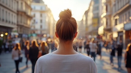 A woman stands with her back to the camera, surrounded by a busy city scene under golden evening light, creating a serene contrast.