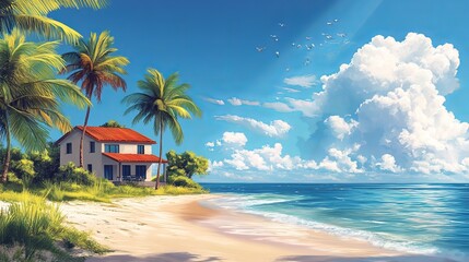 a poster of a beach with a house on it 