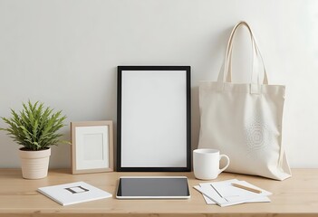 Minimalist desk setup with black frame mockup with white canvas tote bag