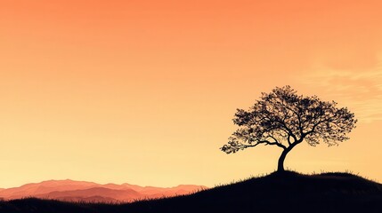 Fototapeta premium A lone tree standing firm on a windswept hill, branches stretched towards the sky, patience, endurance, grace