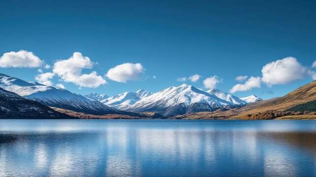 Majestic snow-capped mountains reflect in the tranquil lake under a bright blue sky with fluffy clouds during a serene morning