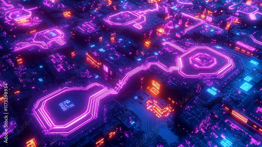 Aufkleber abstract neon glowing circuit board texture.