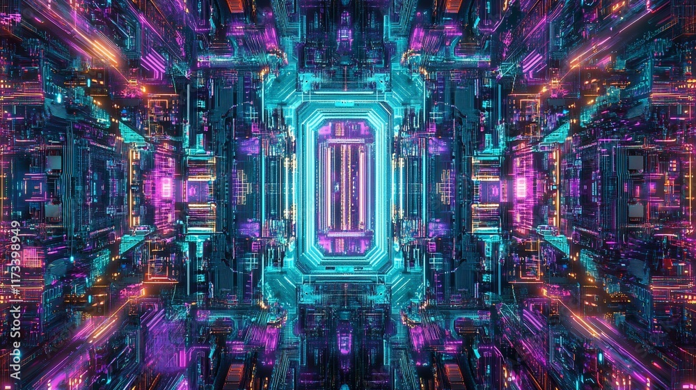 Poster abstract digital artwork depicting a symmetrical, neon-lit, futuristic technological structure with 