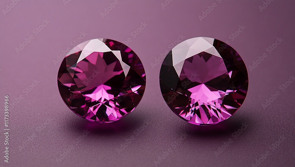 Poster two vibrant purple gemstones, brilliantly cut and displayed against a matching backdrop.