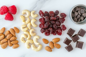 Obraz premium A neatly arranged selection of nuts including almonds and cashews, with dried fruits and chocolate chips, displayed on a smooth white marble surface for snacking.