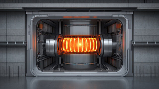 Fusion Energy and Laser Experiments Concept, futuristic tokamak reactor with glowing plasma in sleek facility