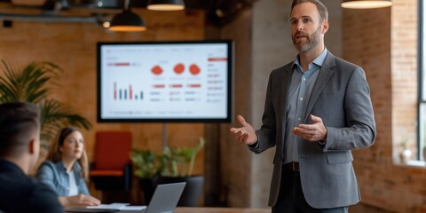 A man is giving a presentation in front of a large screen. The presentation is about business and the man is dressed in a suit. The room is filled with people, some of whom are sitting