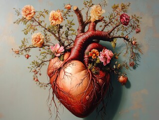 Heart-shaped artwork featuring intertwined branches and colorful flowers against a textured blue background, blending nature with human anatomy in a unique artistic expression