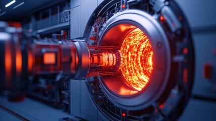 Fusion Energy and Laser Experiments Concept, detailed view of tokamak reactor with glowing plasma inside
