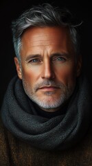 Fototapeta premium Mature man with gray hair and a scarf looking directly at the camera with a serious expression in a dark setting during the evening