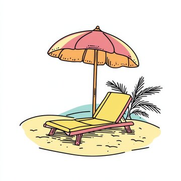 recommend clip art: Beach sunbed with umbrella, modern flat line style, ideal for summer, vacation, travel designs.