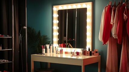 Stylish room with dressing table, mirror and wardrobe rack