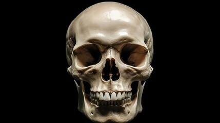 Fototapeta premium Frontview of natural human skull on isolated black background
