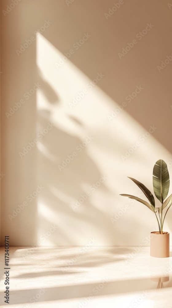 Aufkleber sunlight streaming into an empty room casts shadows on a blank wall, highlighting a potted plant and