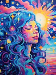 Vibrant portrait of a woman with flowing blue hair amidst a colorful cosmic background and sunlight, showcasing artistic expression and creativity