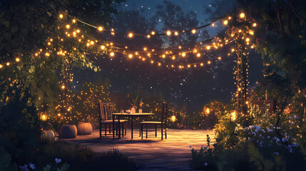 Illuminate your outdoor space as dusk falls for a magical ambiance. Nightfall. Illustration